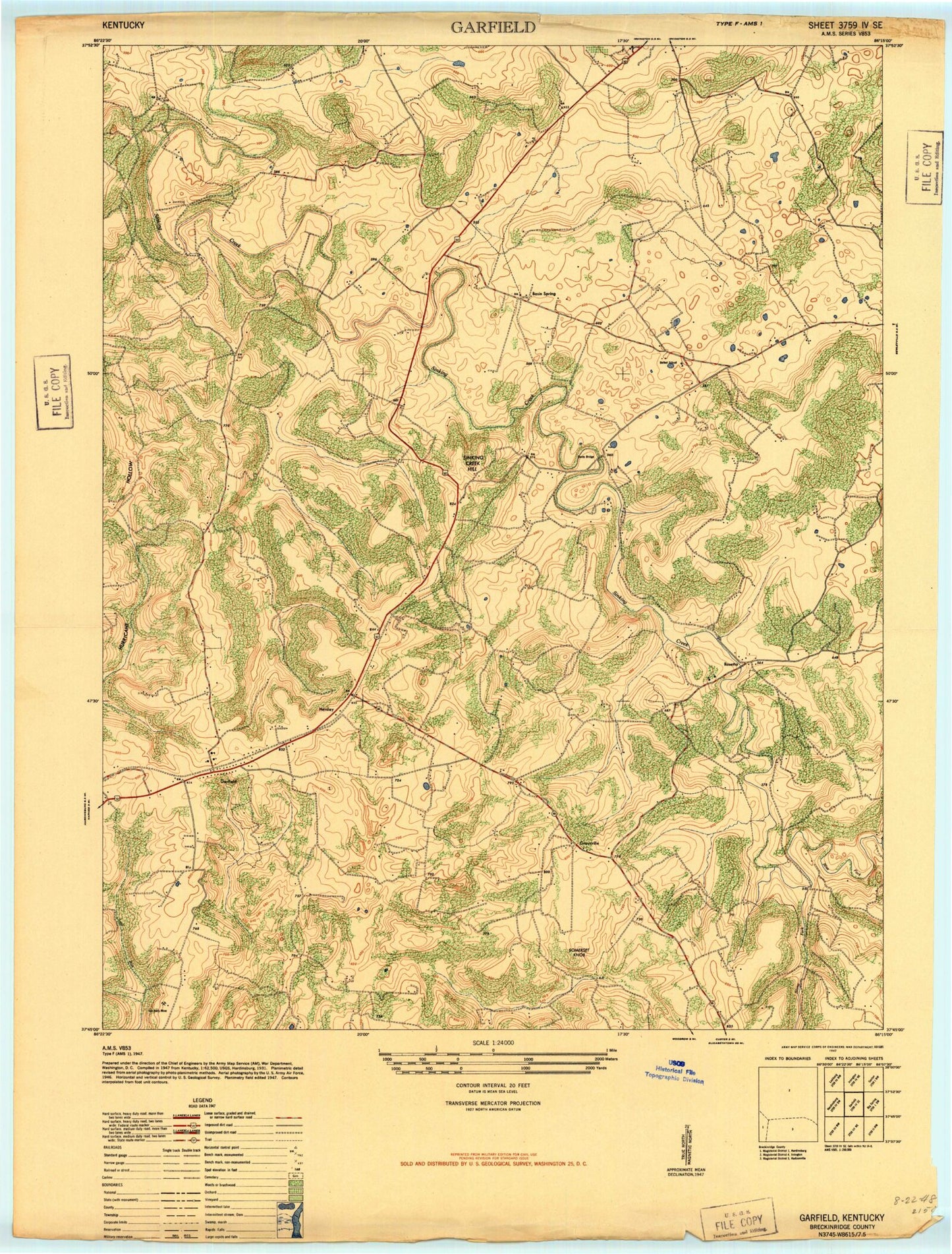 Classic USGS Garfield Kentucky 7.5'x7.5' Topo Map Image
