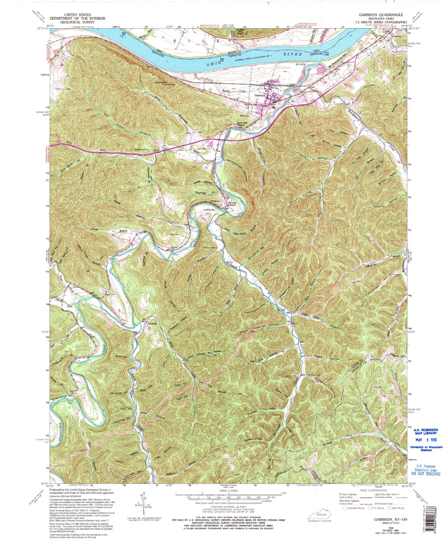 Classic USGS Garrison Kentucky 7.5'x7.5' Topo Map Image