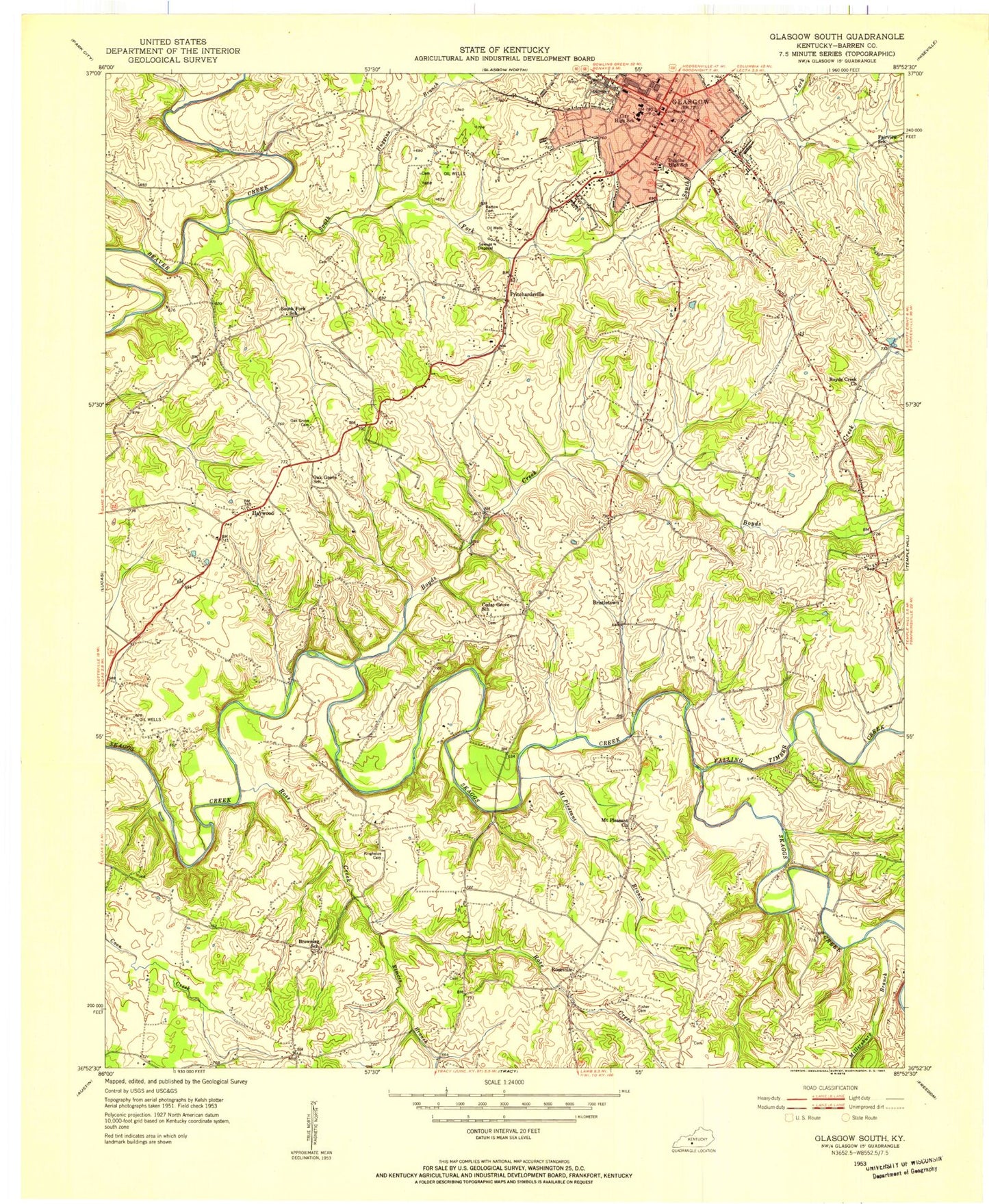 Classic USGS Glasgow South Kentucky 7.5'x7.5' Topo Map Image