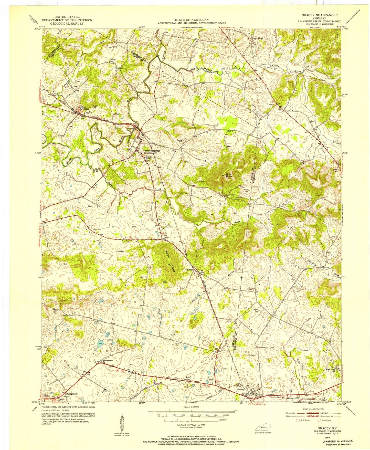 Classic USGS Gracey Kentucky 7.5'x7.5' Topo Map Image