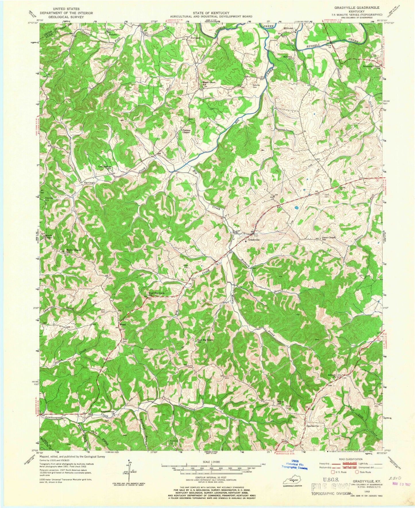 Classic USGS Gradyville Kentucky 7.5'x7.5' Topo Map Image