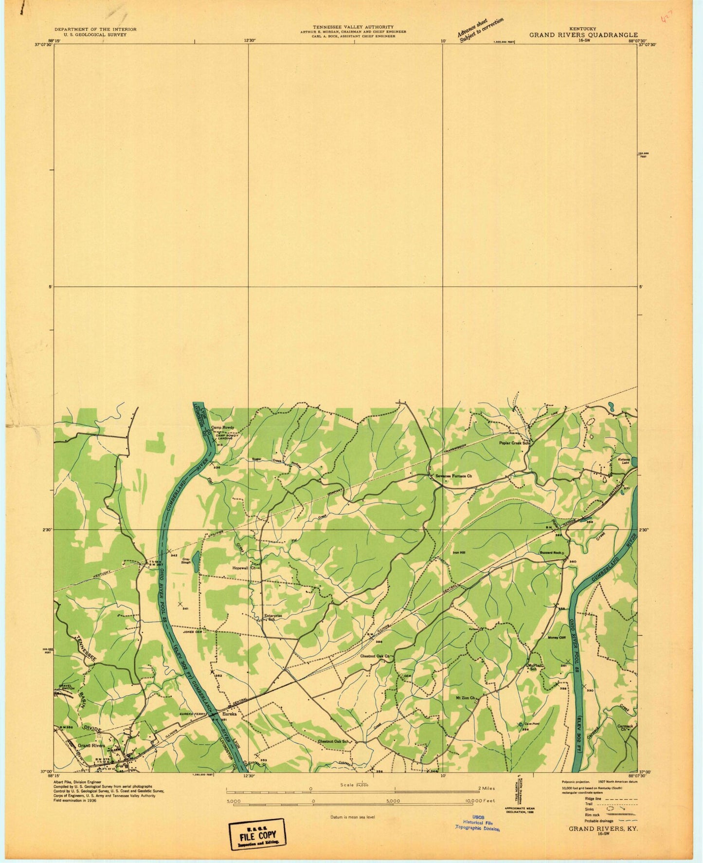 Classic USGS Grand Rivers Kentucky 7.5'x7.5' Topo Map Image