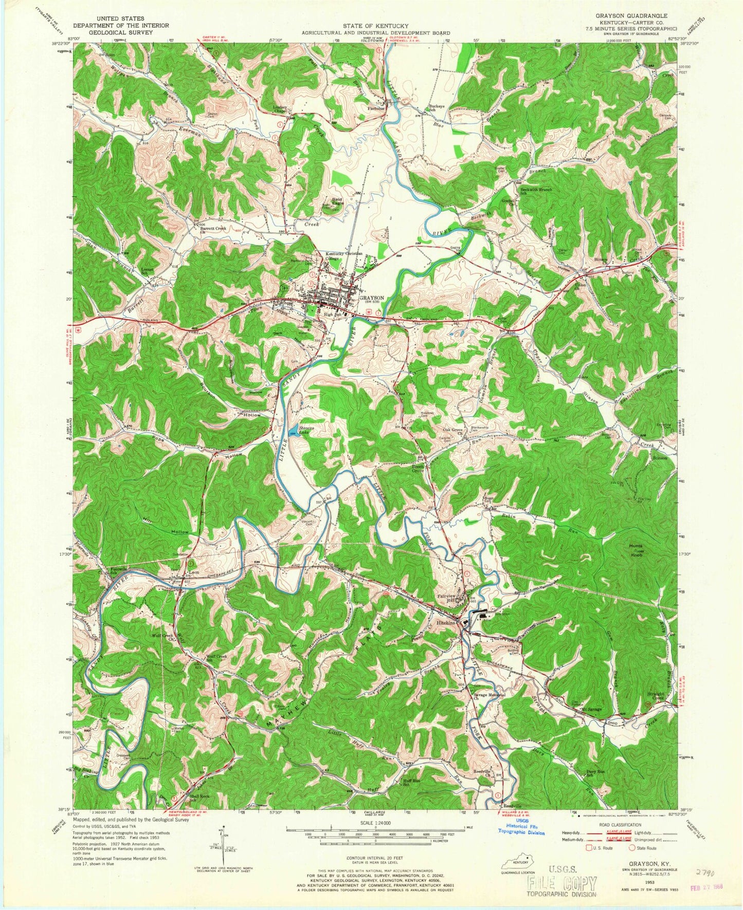 Classic USGS Grayson Kentucky 7.5'x7.5' Topo Map Image