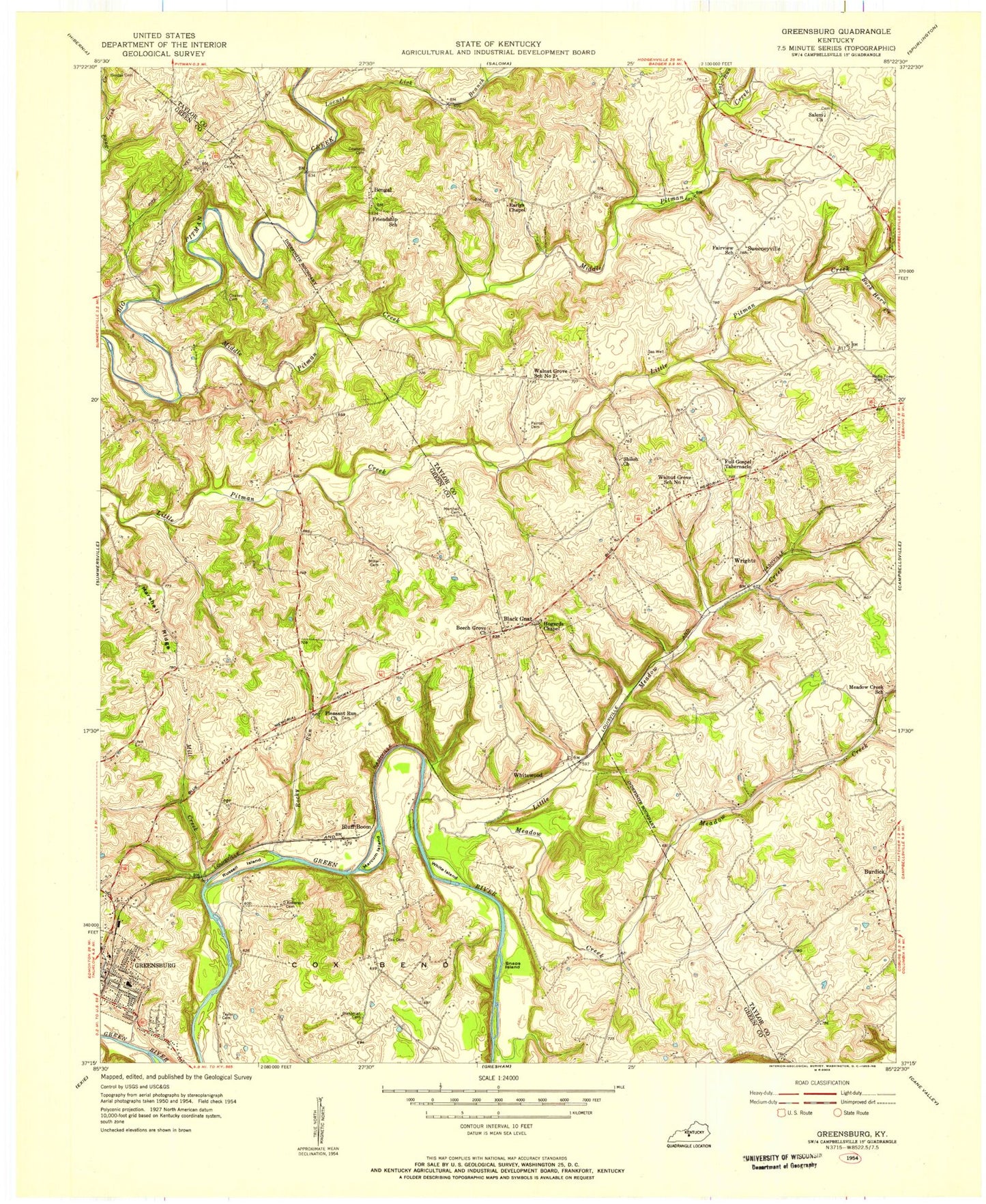 Classic USGS Greensburg Kentucky 7.5'x7.5' Topo Map Image