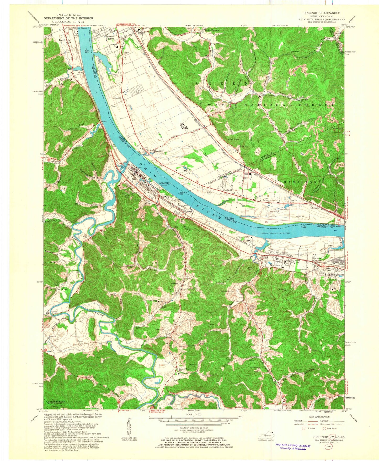 Classic USGS Greenup Kentucky 7.5'x7.5' Topo Map Image