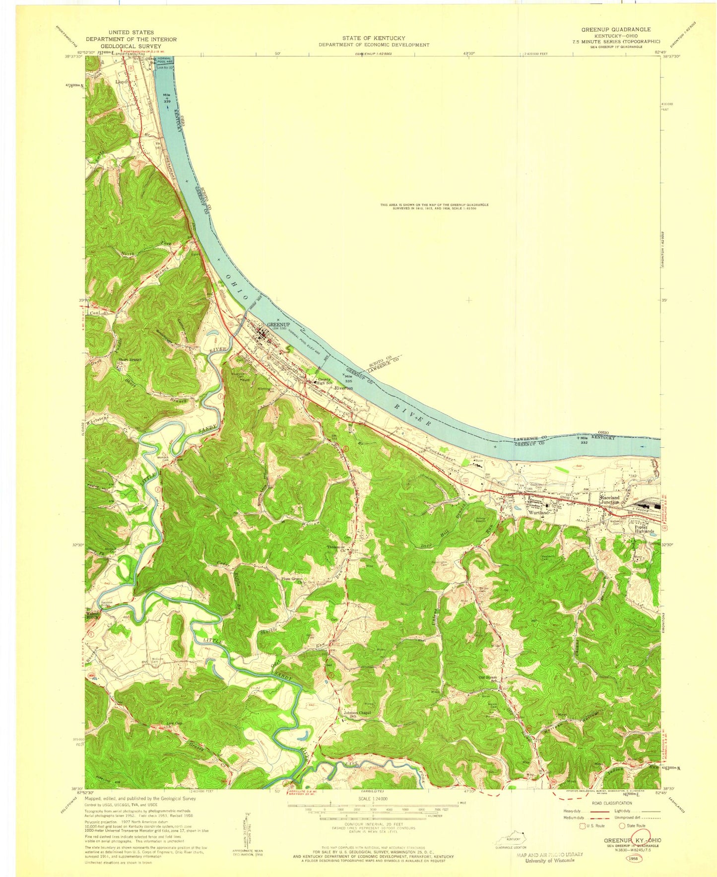 Classic USGS Greenup Kentucky 7.5'x7.5' Topo Map Image