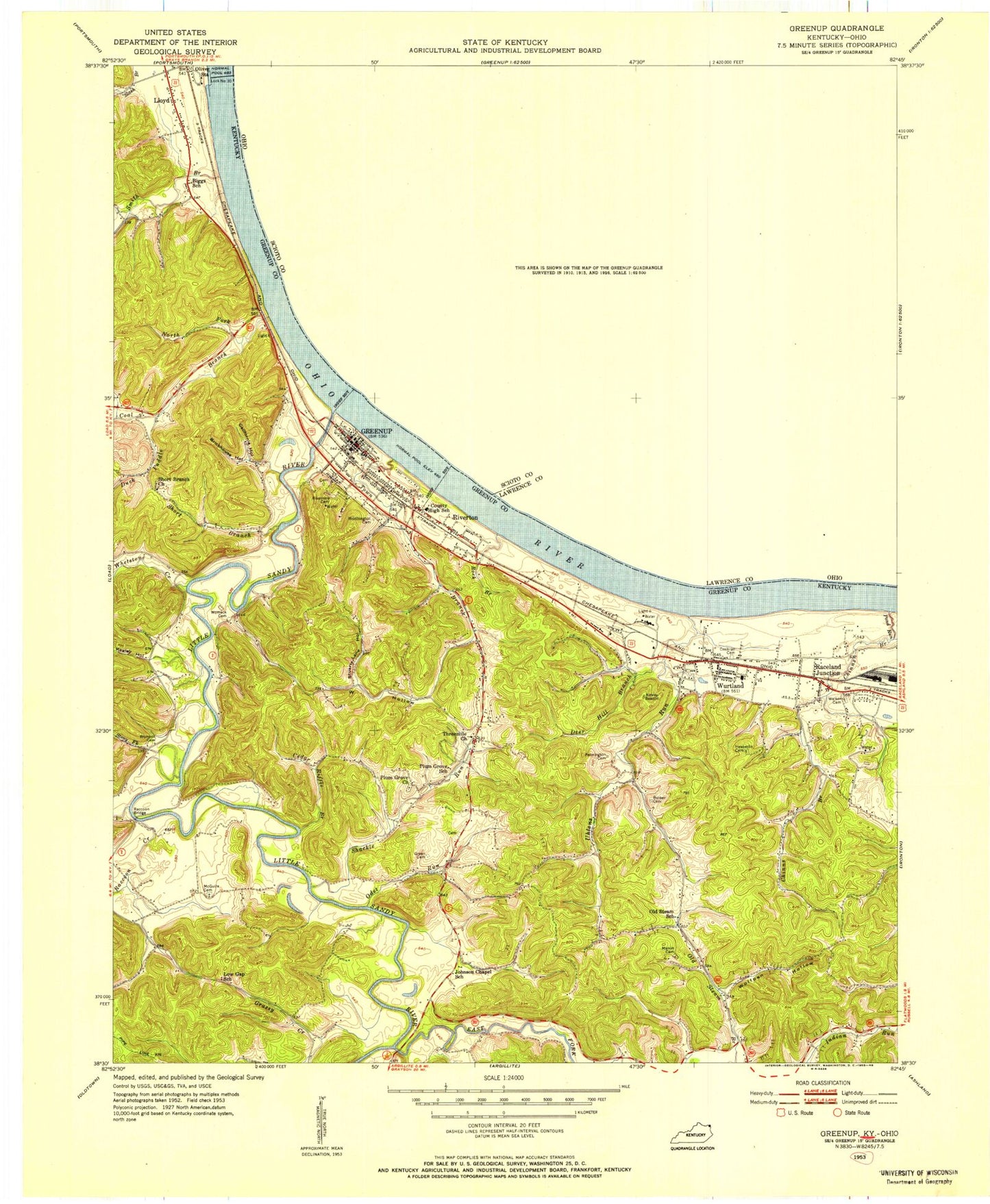 Classic USGS Greenup Kentucky 7.5'x7.5' Topo Map Image