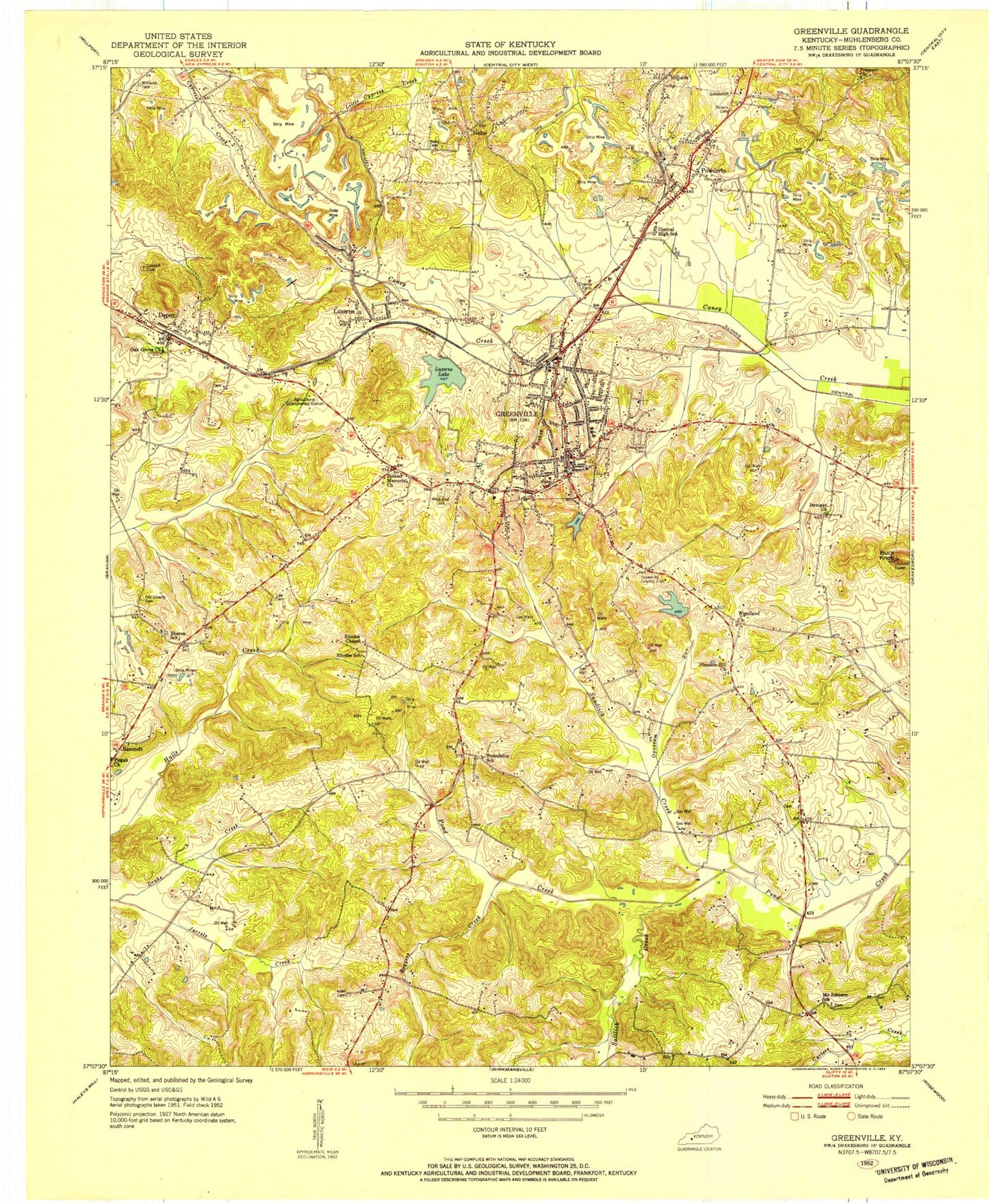 Classic USGS Greenville Kentucky 7.5'x7.5' Topo Map Image
