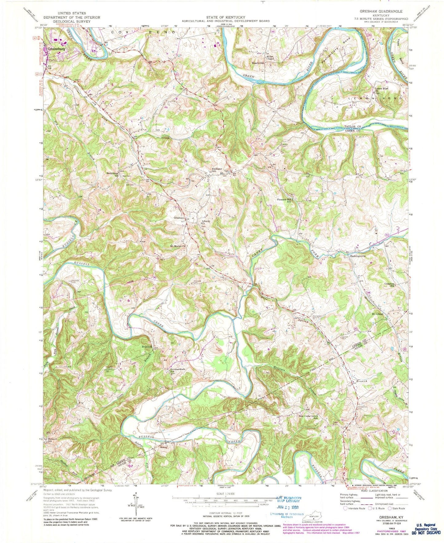 Classic USGS Gresham Kentucky 7.5'x7.5' Topo Map Image