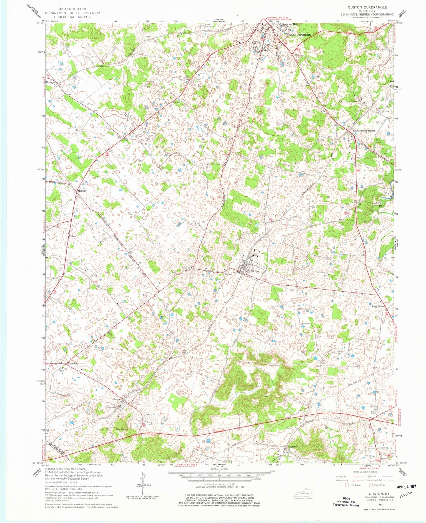 Classic USGS Guston Kentucky 7.5'x7.5' Topo Map Image
