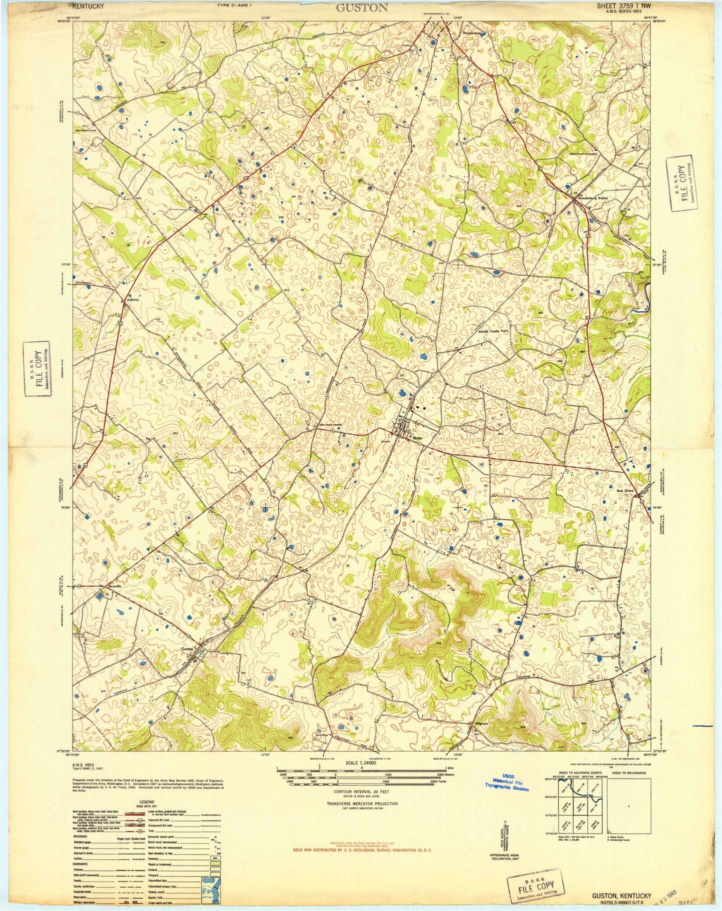 Classic USGS Guston Kentucky 7.5'x7.5' Topo Map Image