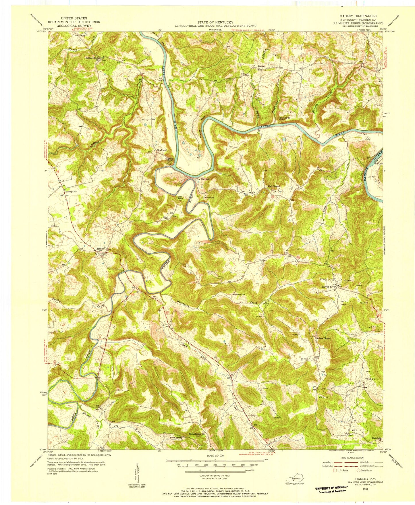 Classic USGS Hadley Kentucky 7.5'x7.5' Topo Map Image