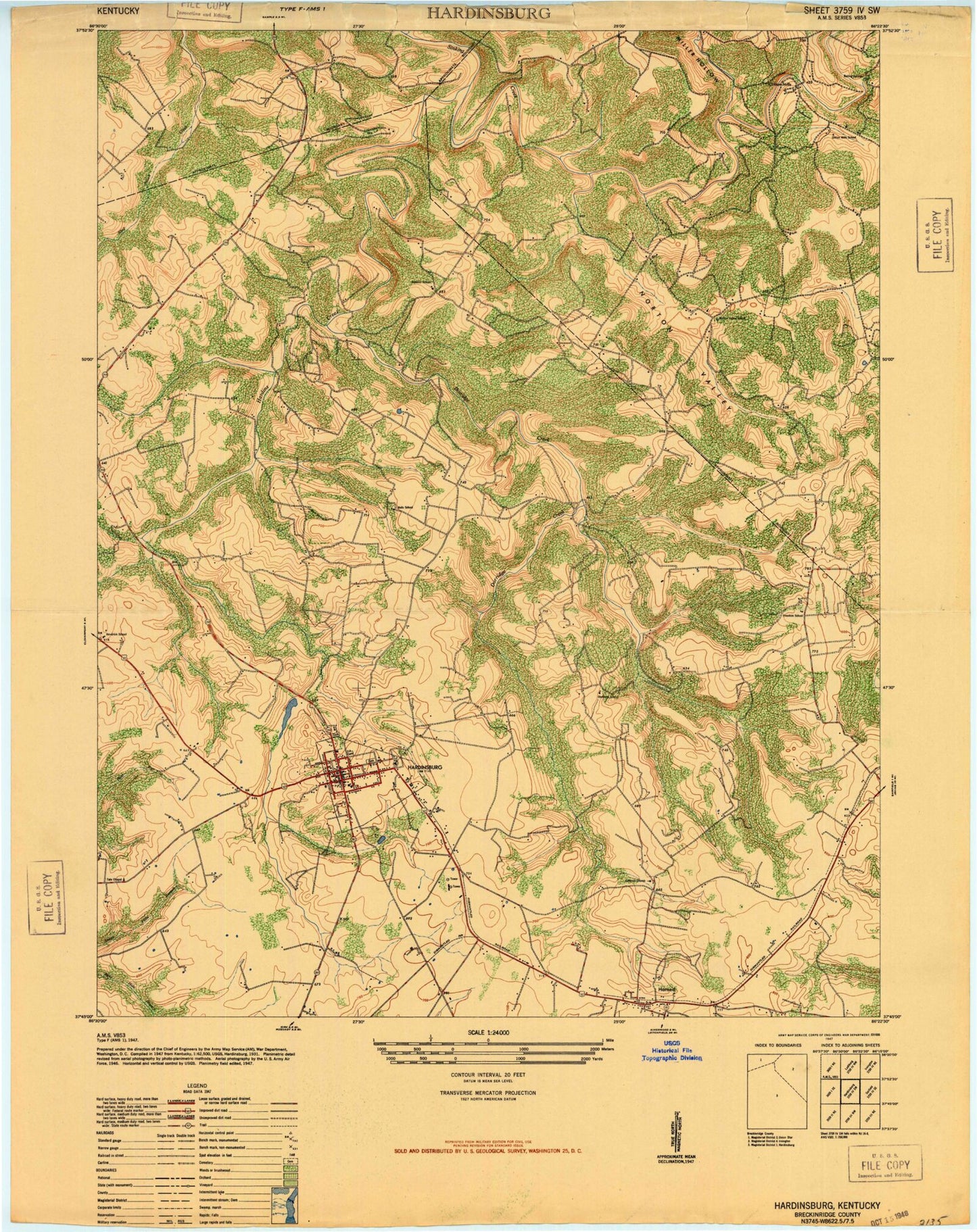 Classic USGS Hardinsburg Kentucky 7.5'x7.5' Topo Map Image