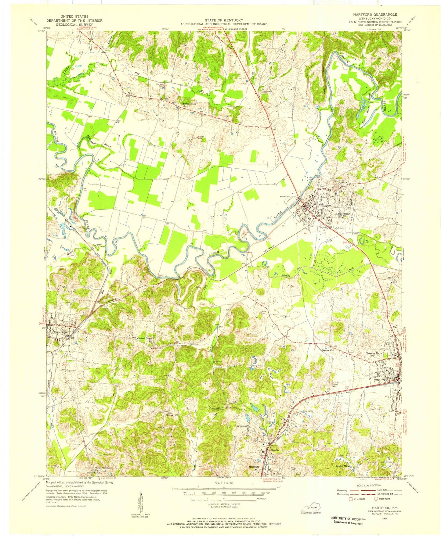 Classic USGS Hartford Kentucky 7.5'x7.5' Topo Map Image