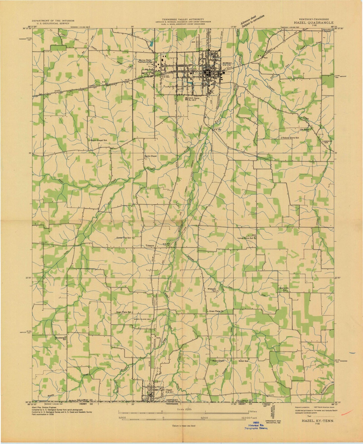 Classic USGS Murray Kentucky 7.5'x7.5' Topo Map Image