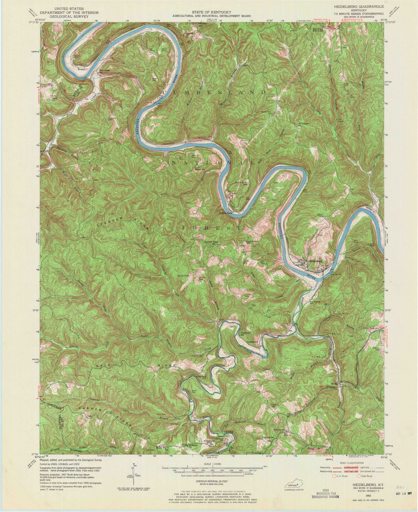 Classic USGS Heidelberg Kentucky 7.5'x7.5' Topo Map Image