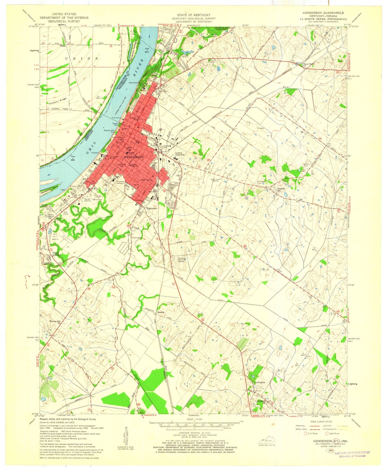 Classic USGS Henderson Kentucky 7.5'x7.5' Topo Map Image