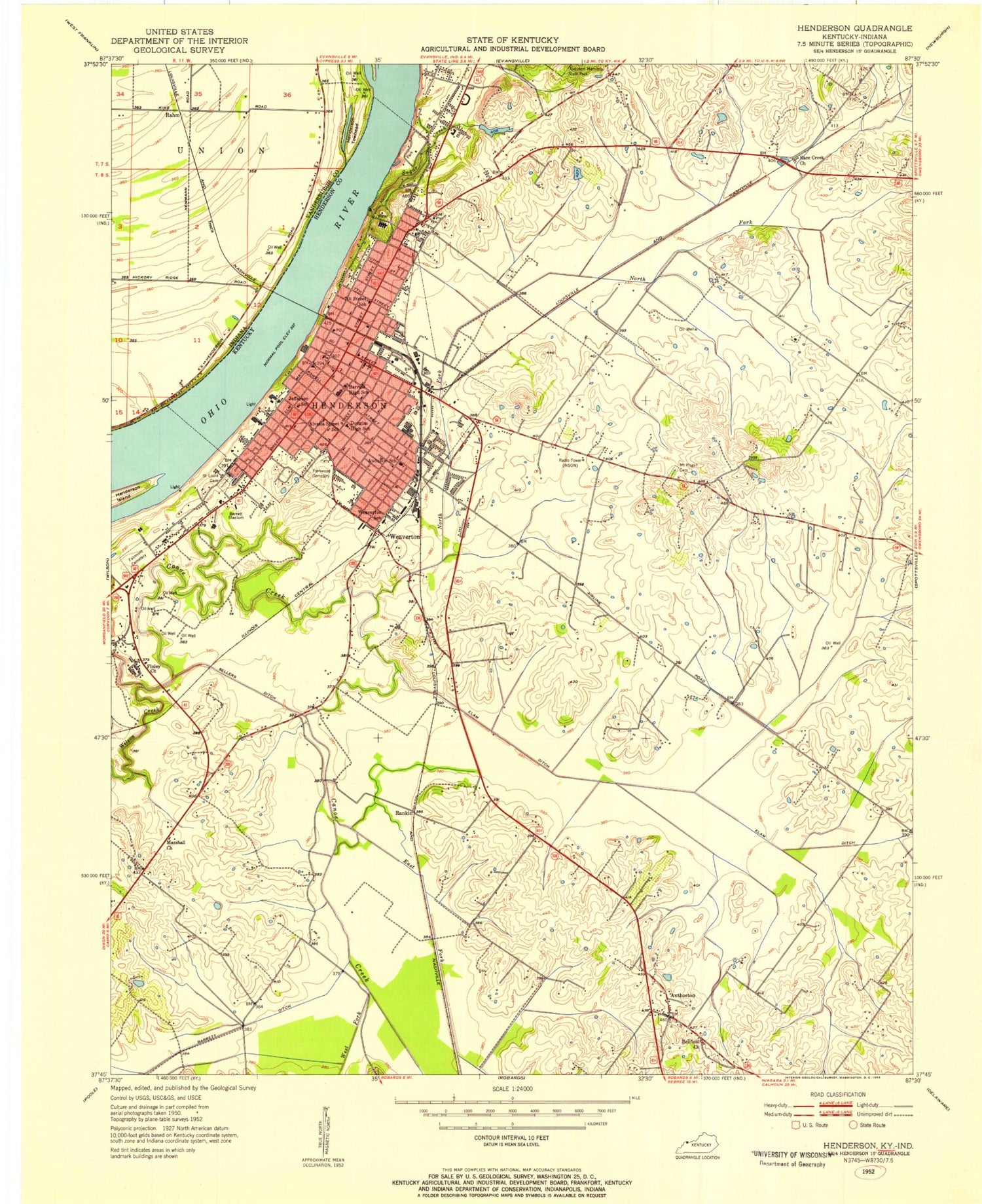 Classic USGS Henderson Kentucky 7.5'x7.5' Topo Map Image
