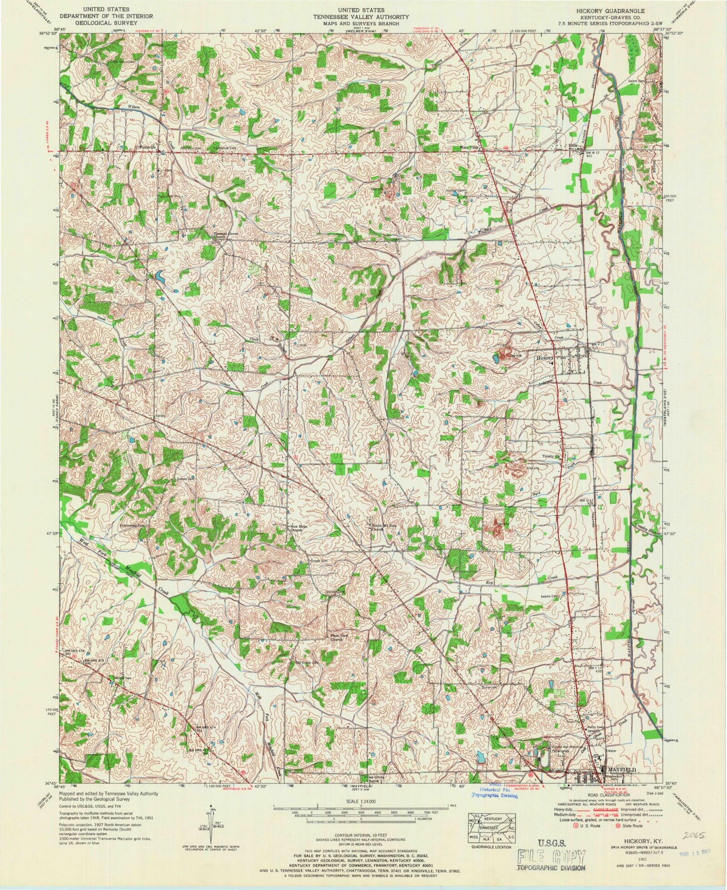 Classic USGS Hickory Kentucky 7.5'x7.5' Topo Map Image