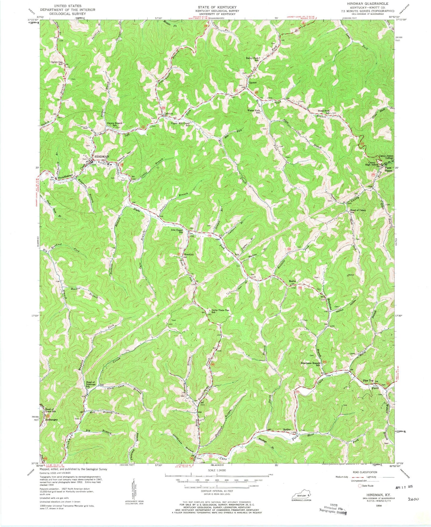 Classic USGS Hindman Kentucky 7.5'x7.5' Topo Map Image