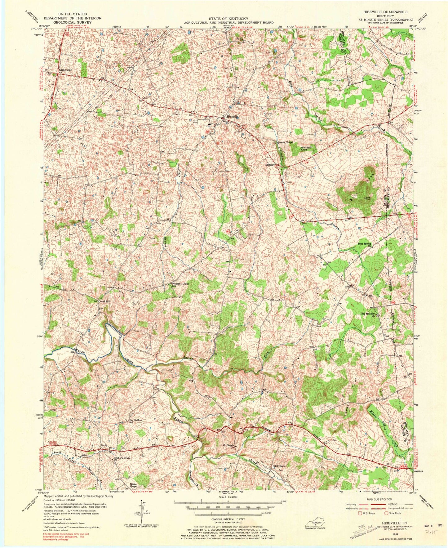 Classic USGS Hiseville Kentucky 7.5'x7.5' Topo Map Image