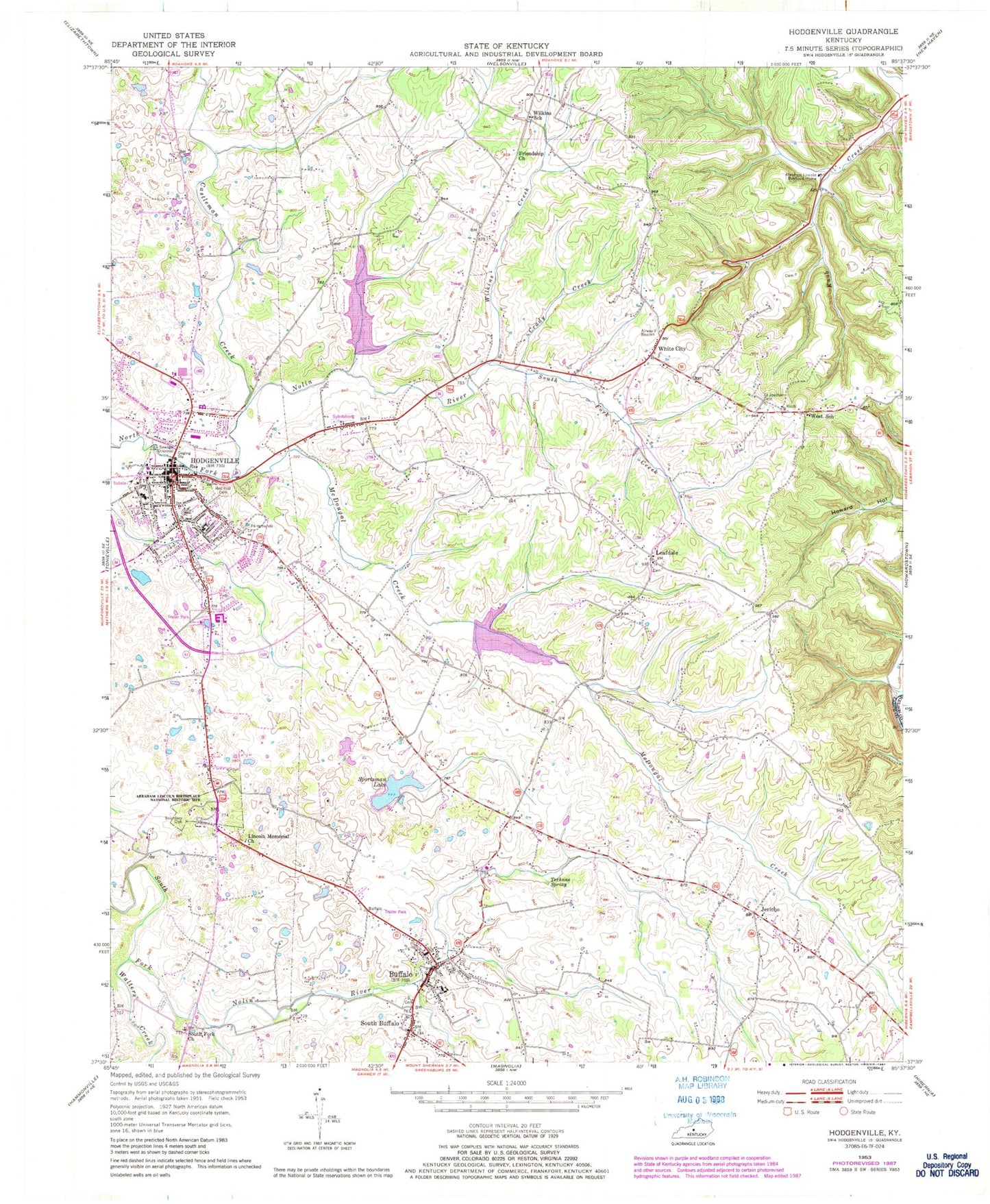 Classic USGS Hodgenville Kentucky 7.5'x7.5' Topo Map Image