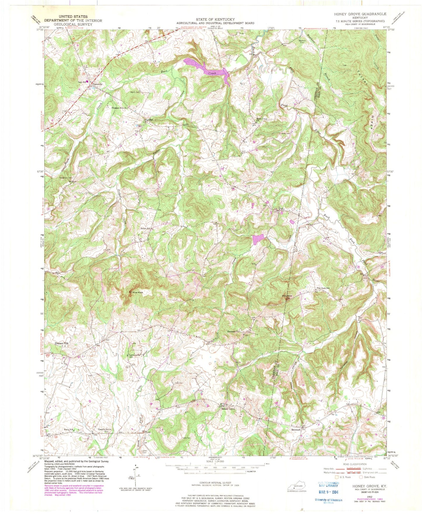 Classic USGS Honey Grove Kentucky 7.5'x7.5' Topo Map Image