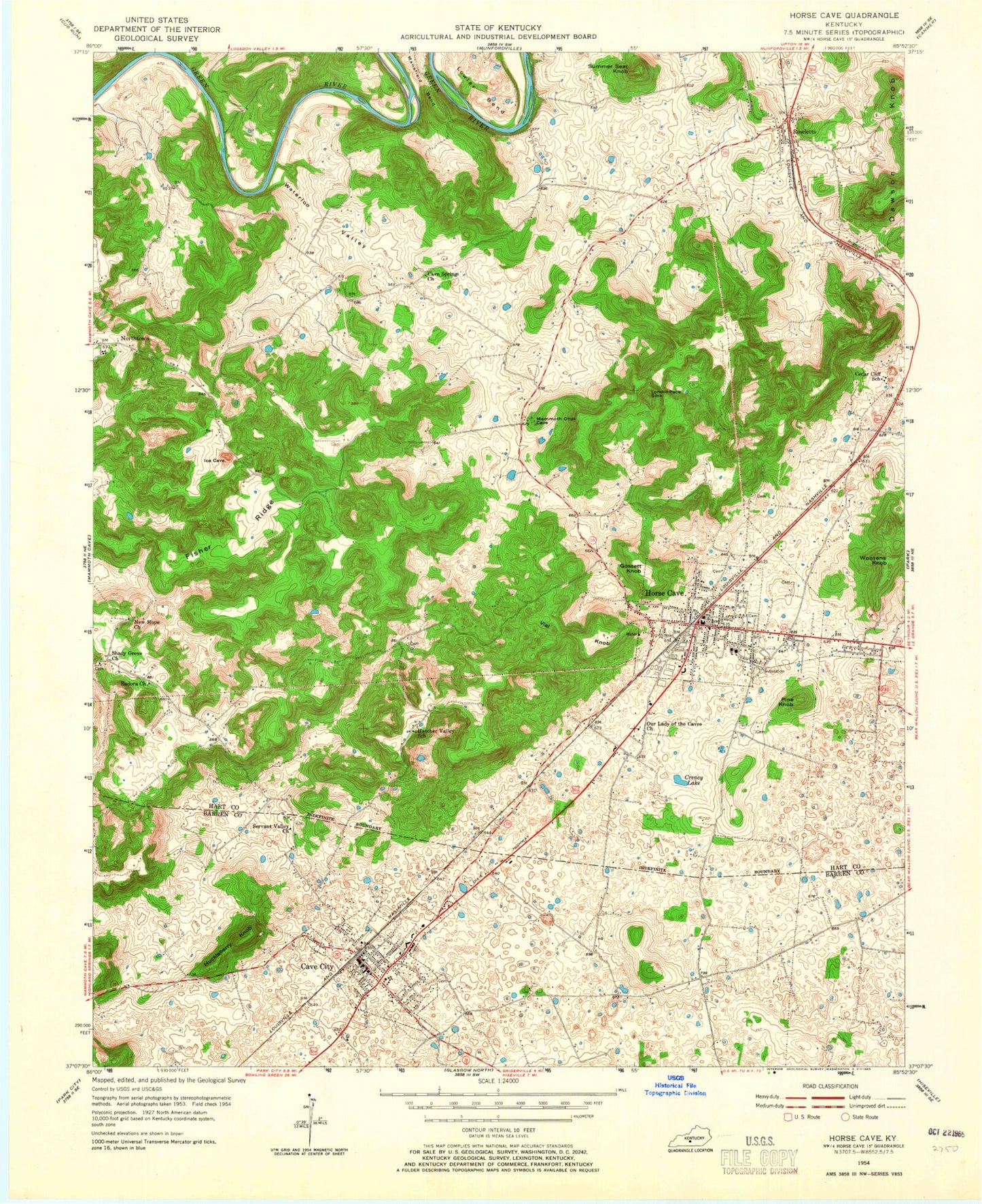 Classic USGS Horse Cave Kentucky 7.5'x7.5' Topo Map Image