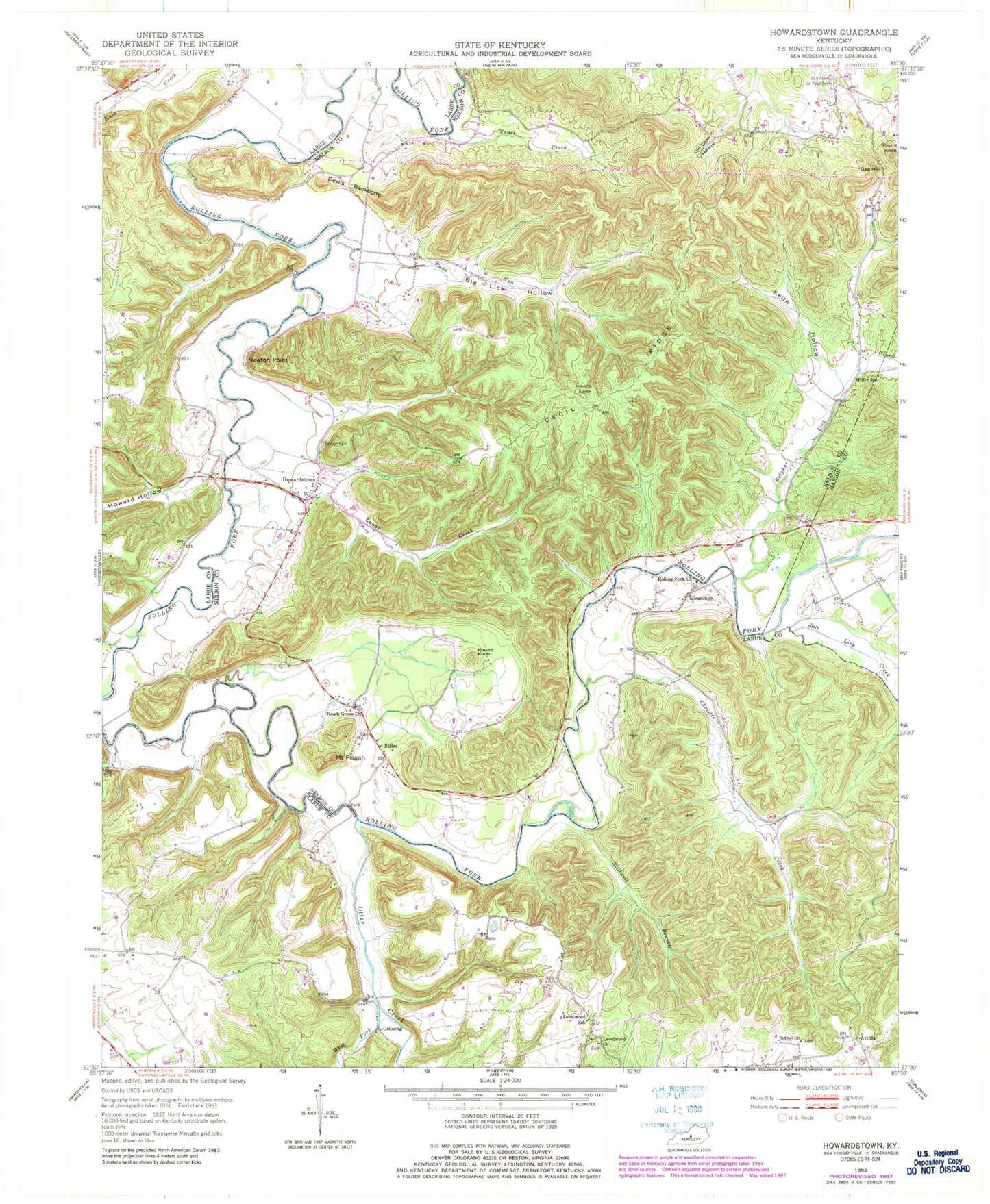Classic USGS Howardstown Kentucky 7.5'x7.5' Topo Map Image
