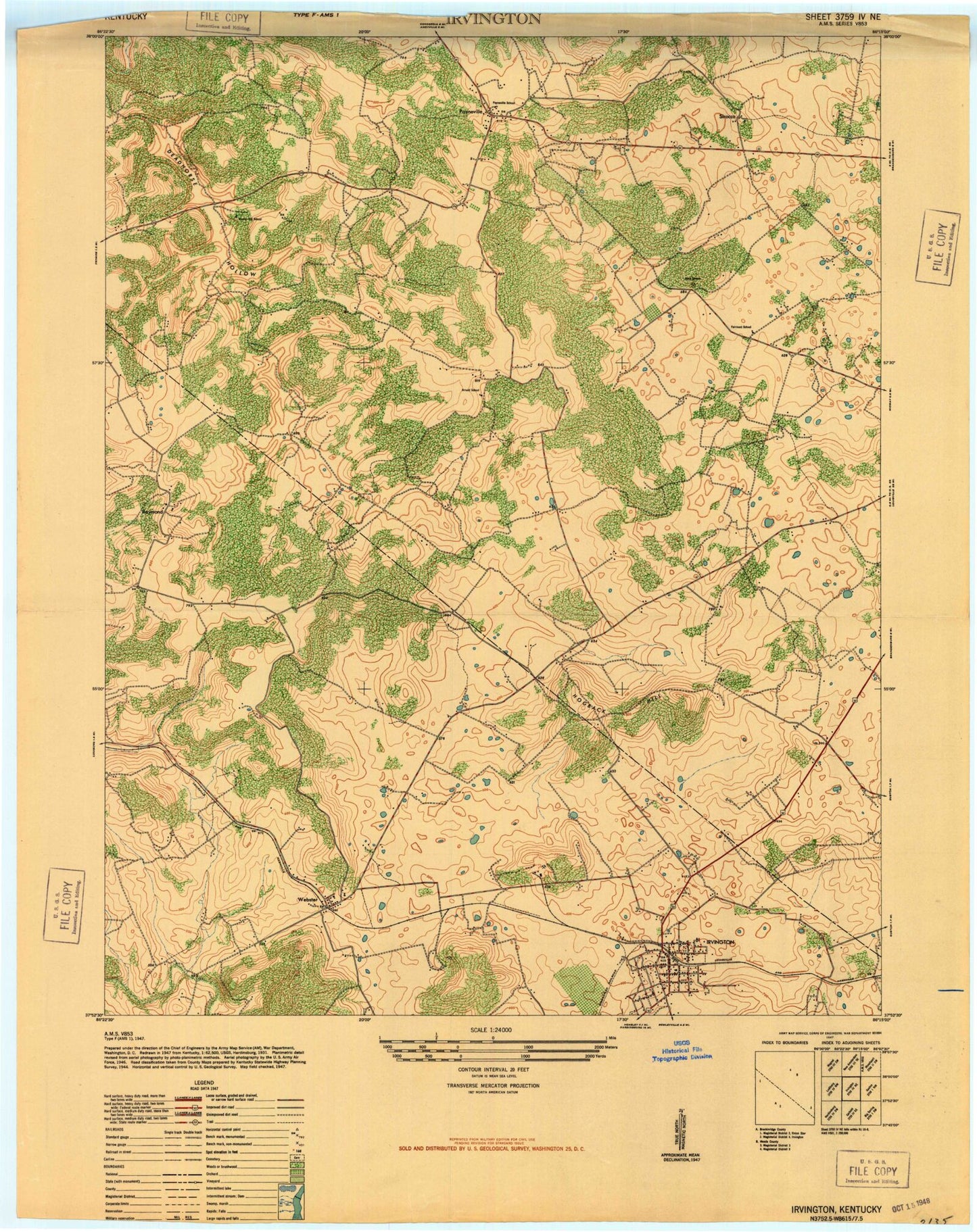 Classic USGS Irvington Kentucky 7.5'x7.5' Topo Map Image