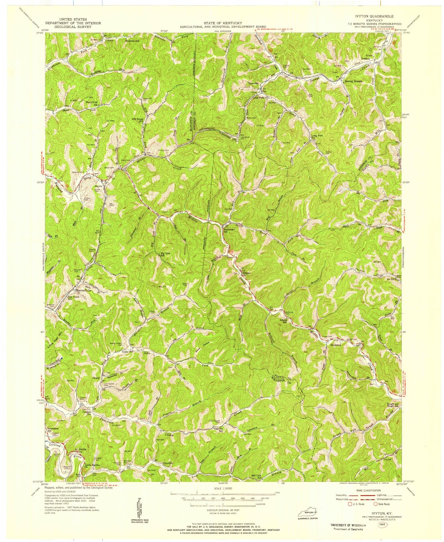 Classic USGS Ivyton Kentucky 7.5'x7.5' Topo Map Image