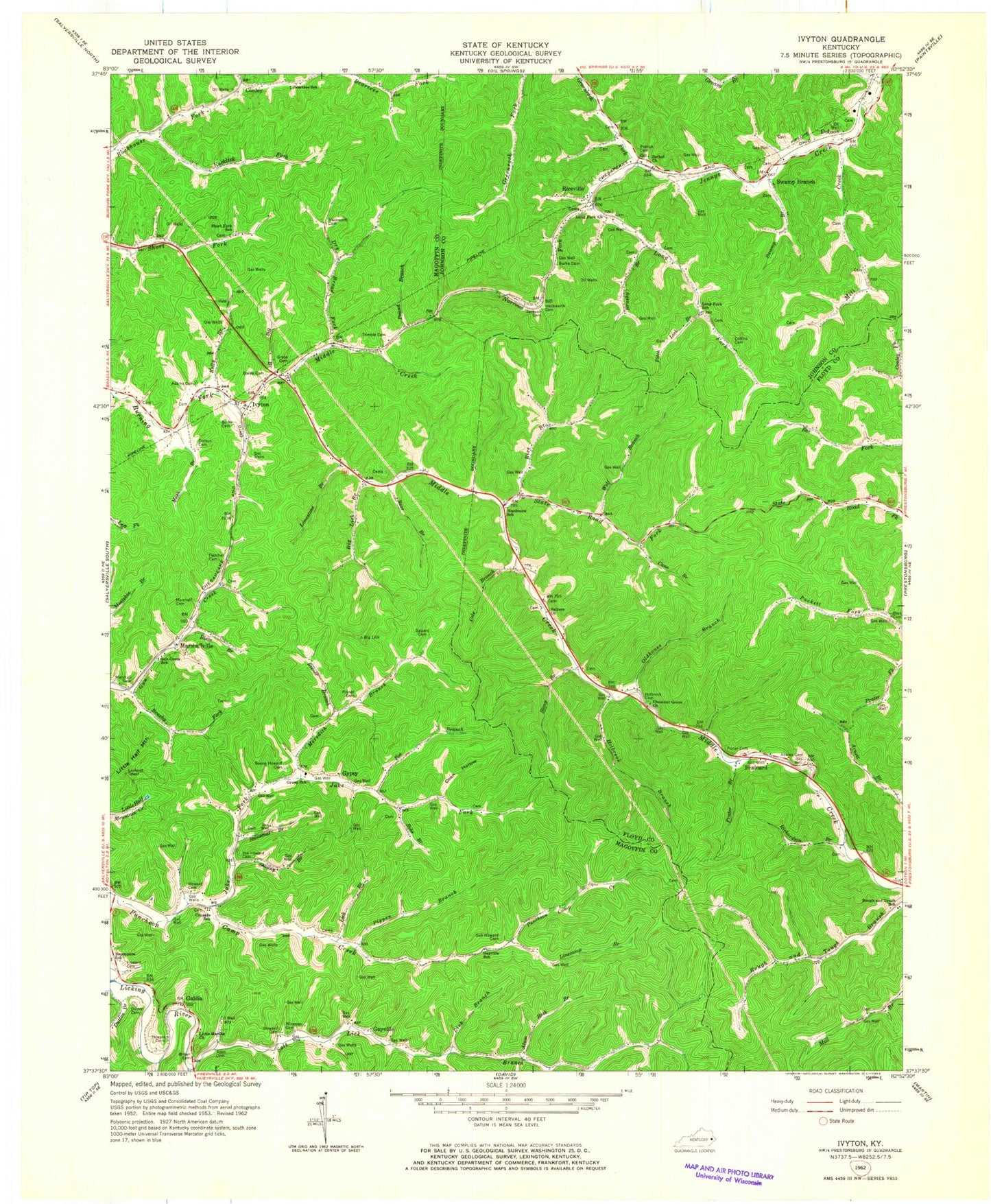 Classic USGS Ivyton Kentucky 7.5'x7.5' Topo Map Image