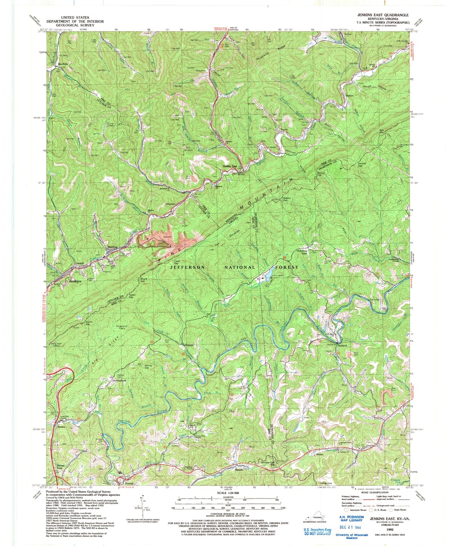 Classic USGS Jenkins East Kentucky 7.5'x7.5' Topo Map Image