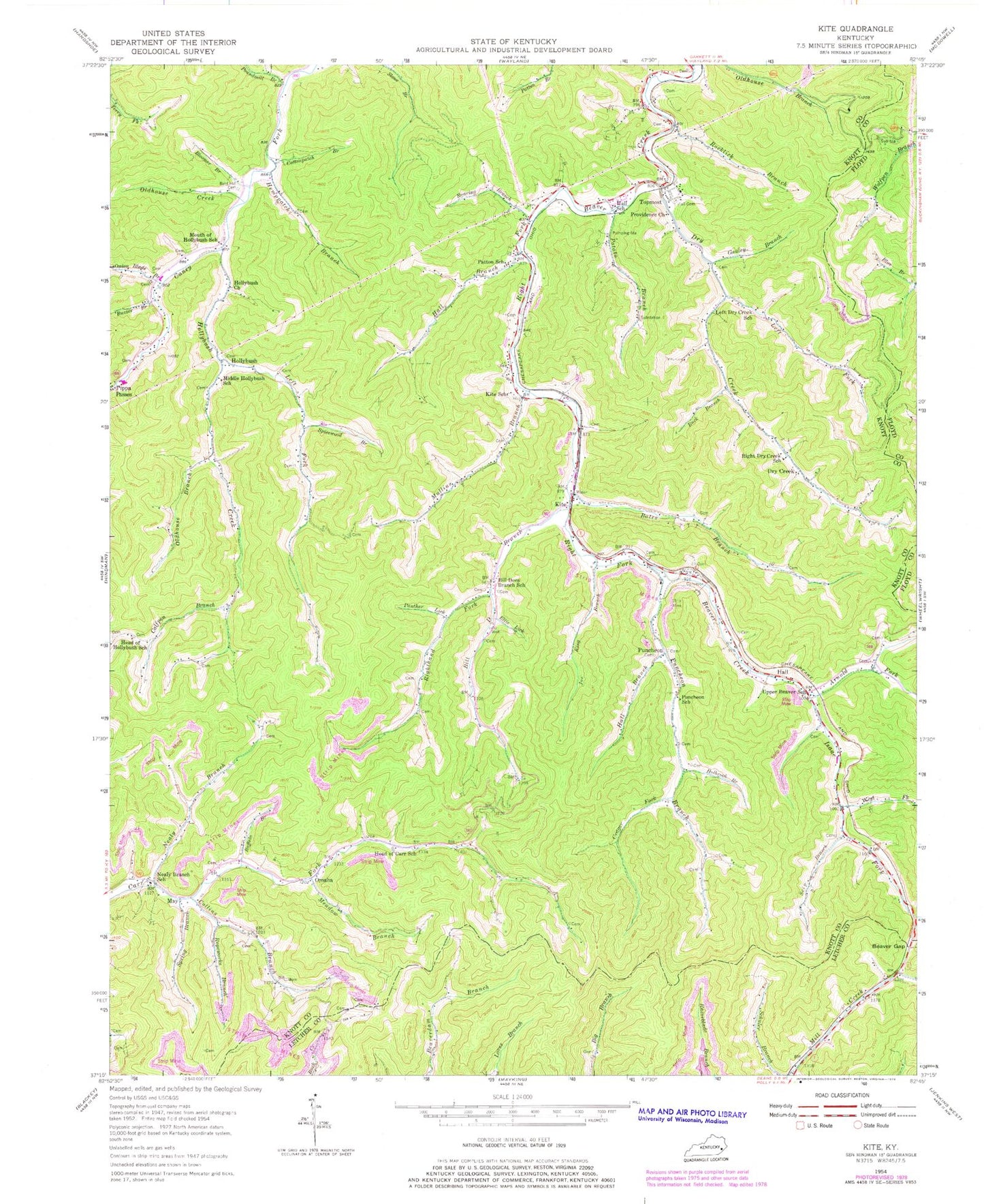 Classic USGS Kite Kentucky 7.5'x7.5' Topo Map Image