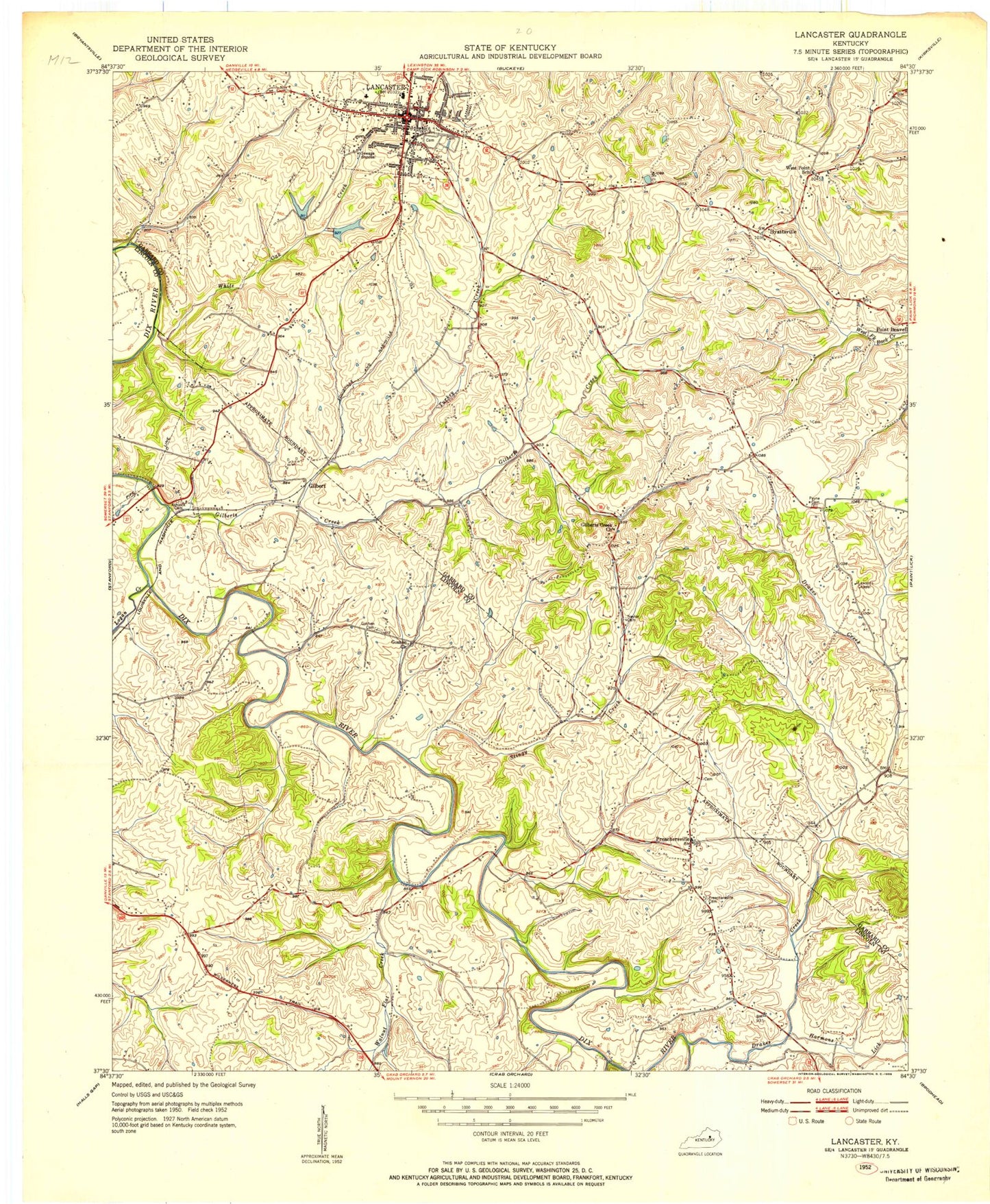 Classic USGS Lancaster Kentucky 7.5'x7.5' Topo Map Image
