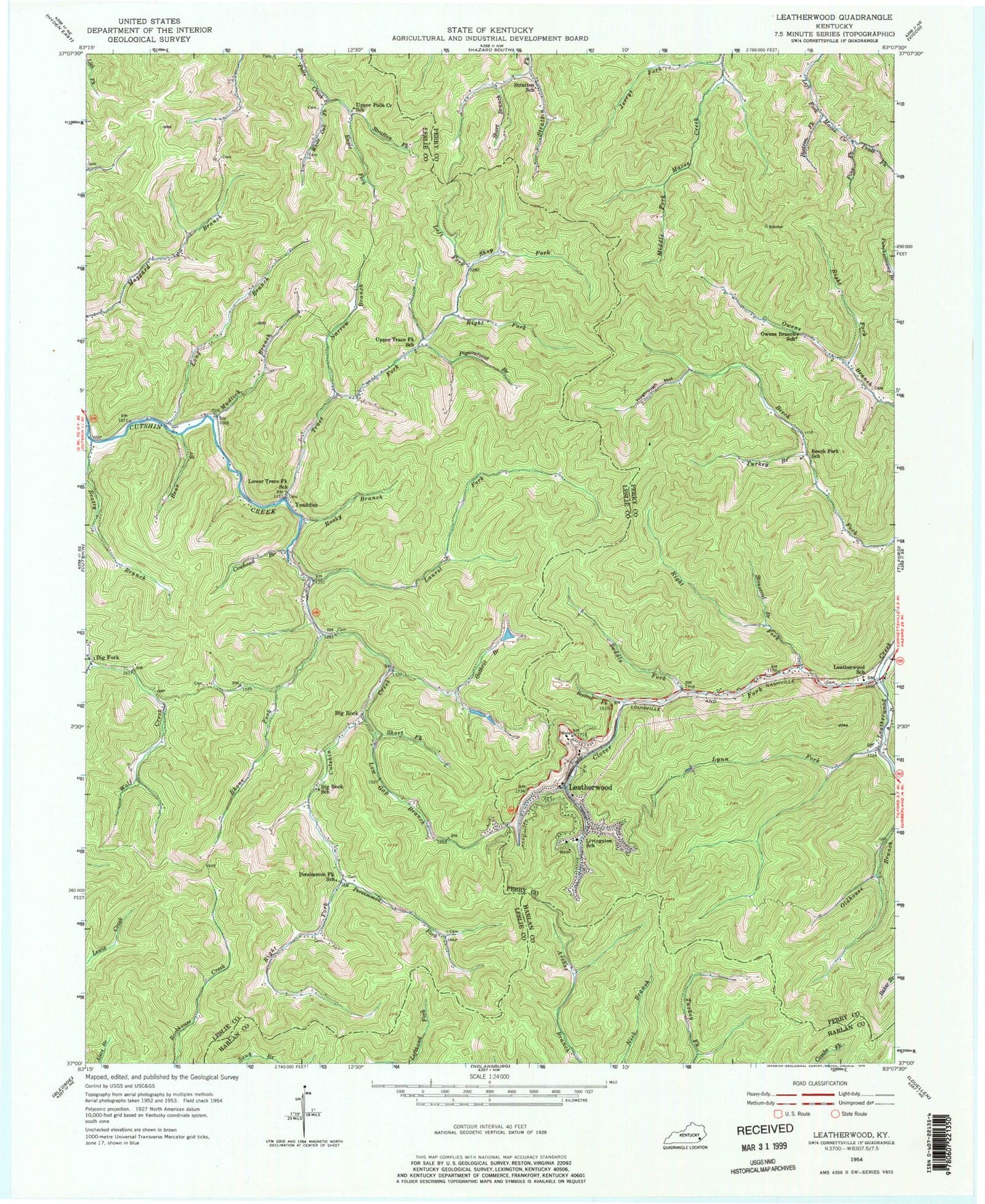 Classic USGS Leatherwood Kentucky 7.5'x7.5' Topo Map Image