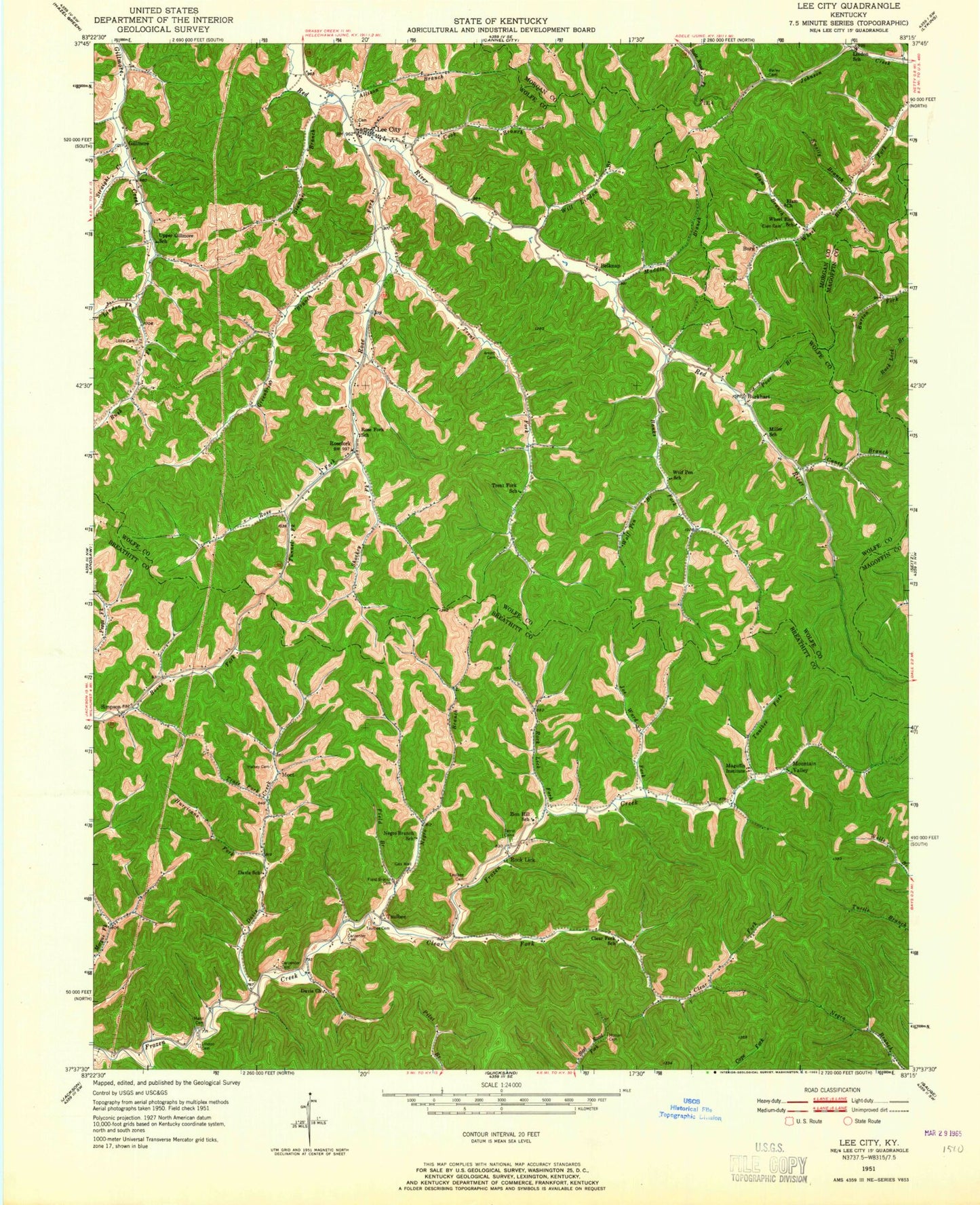 Classic USGS Lee City Kentucky 7.5'x7.5' Topo Map Image