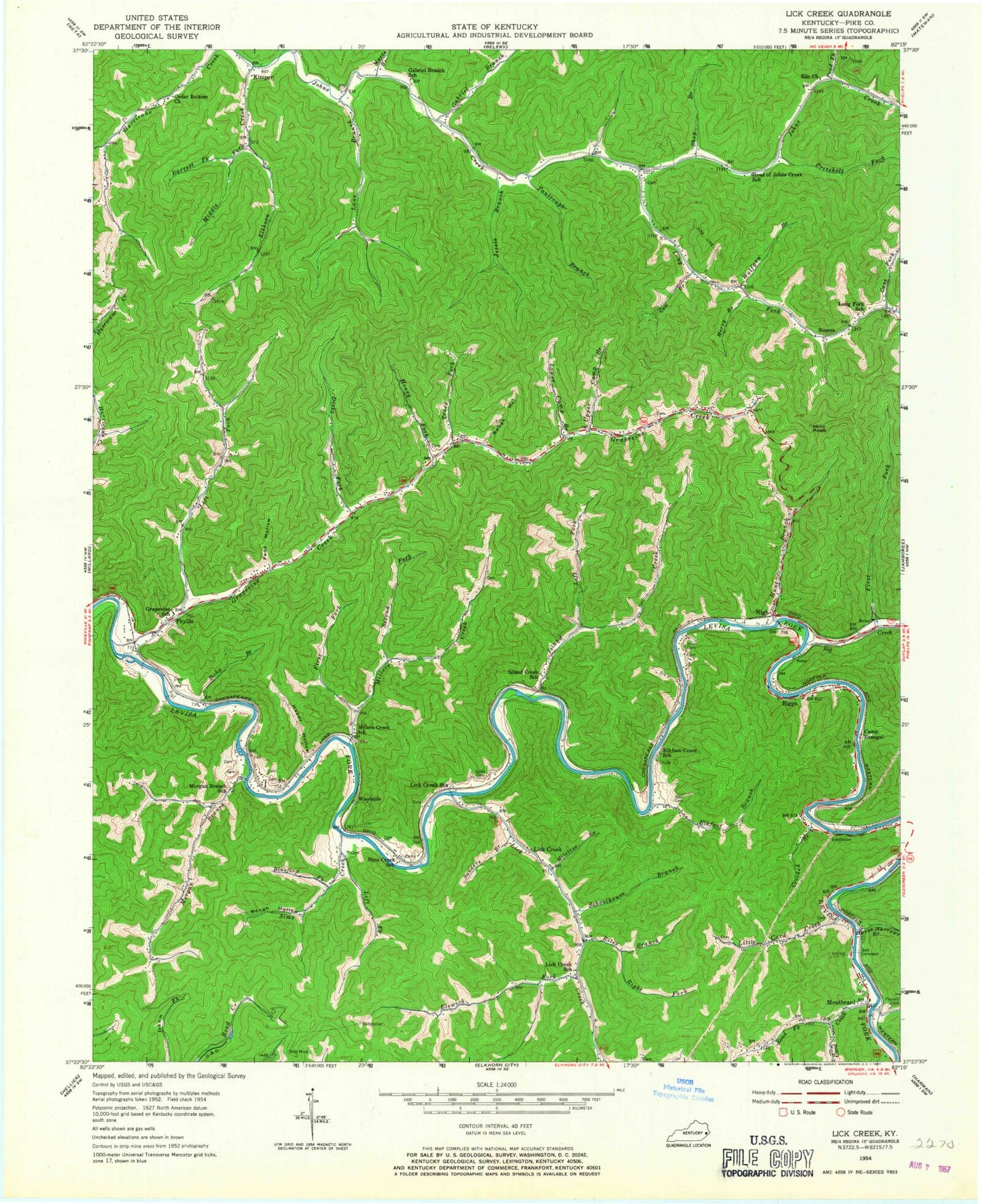 Classic USGS Lick Creek Kentucky 7.5'x7.5' Topo Map Image