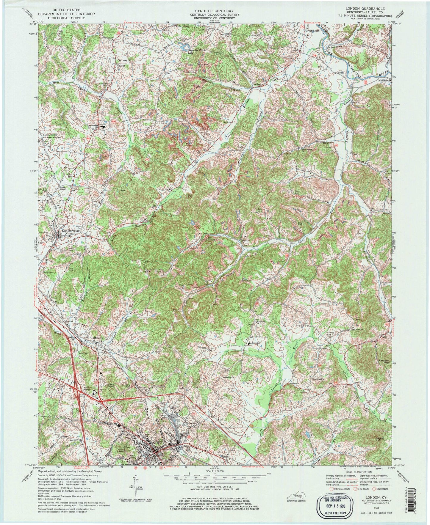 Classic USGS London Kentucky 7.5'x7.5' Topo Map Image