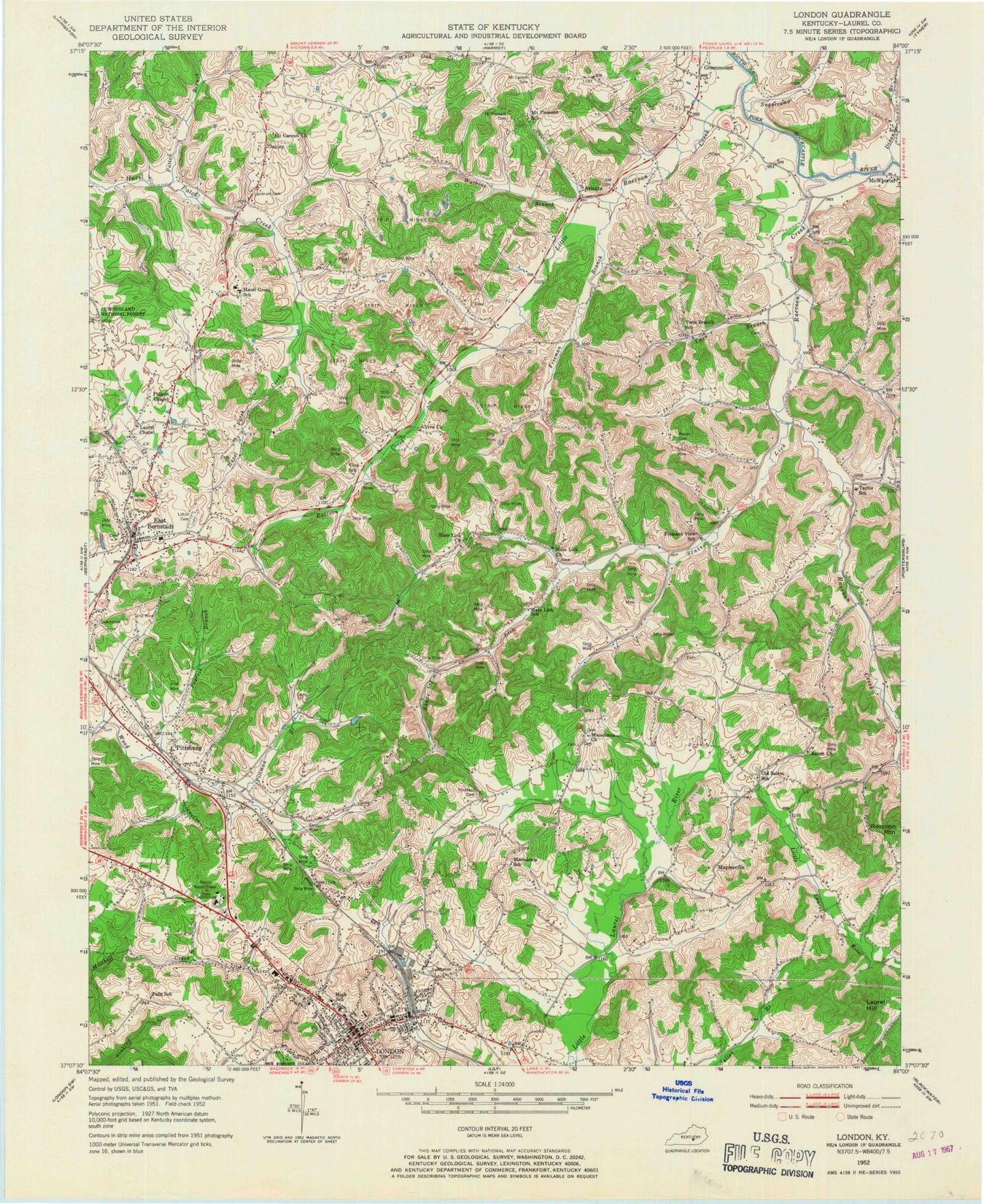 Classic USGS London Kentucky 7.5'x7.5' Topo Map Image