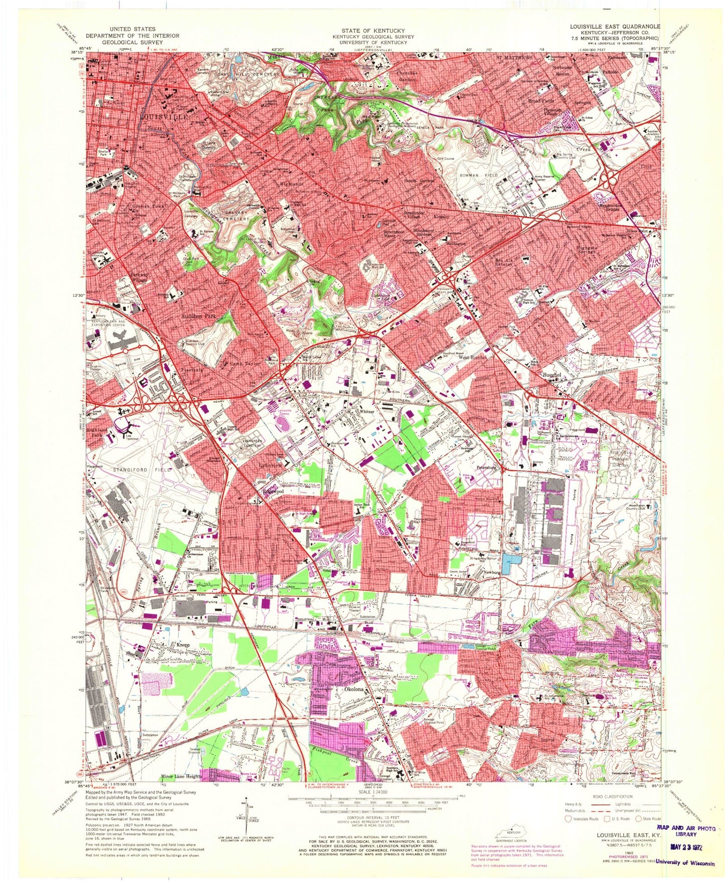 Classic USGS Louisville East Kentucky 7.5'x7.5' Topo Map Image