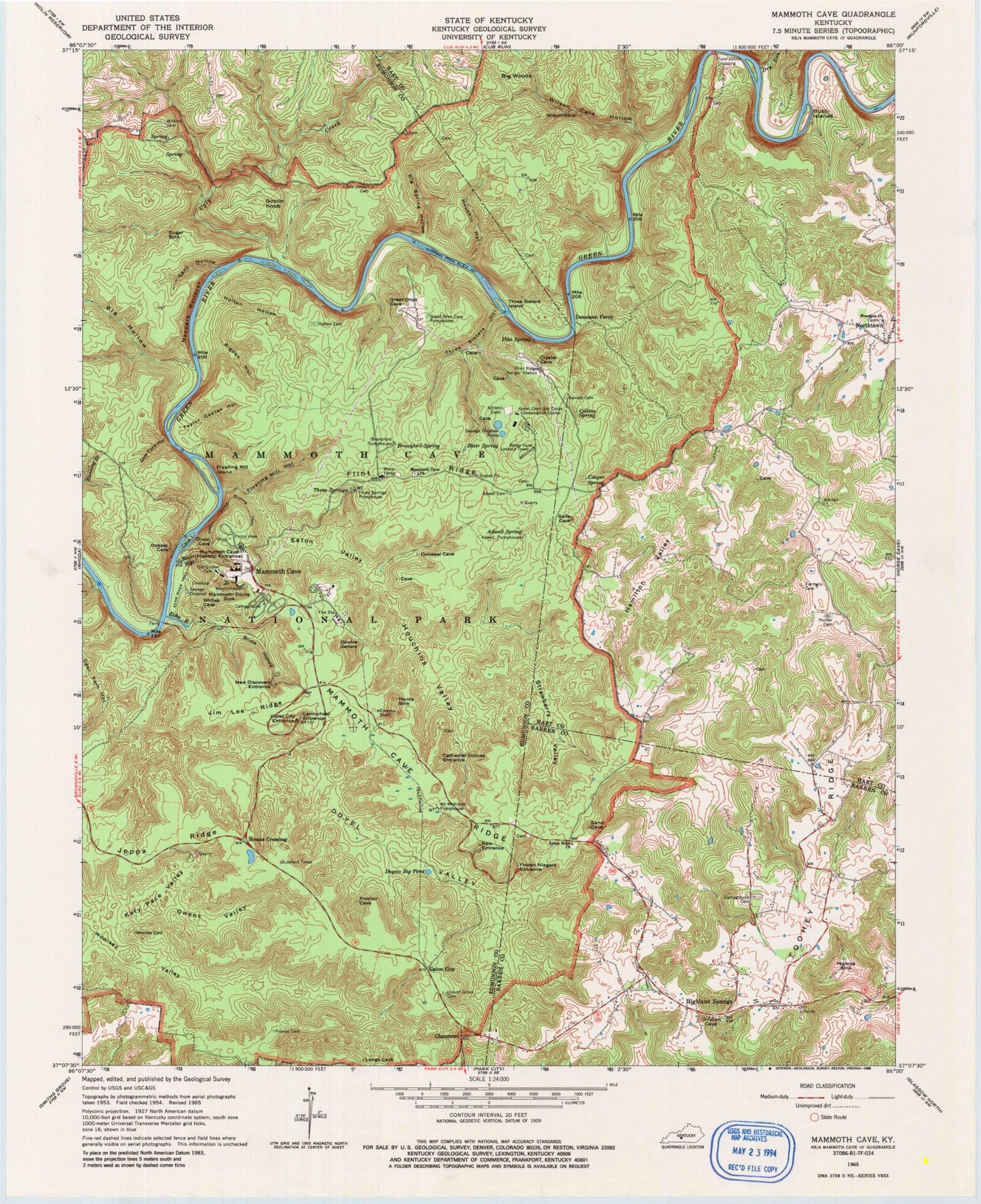 Classic USGS Mammoth Cave Kentucky 7.5'x7.5' Topo Map Image