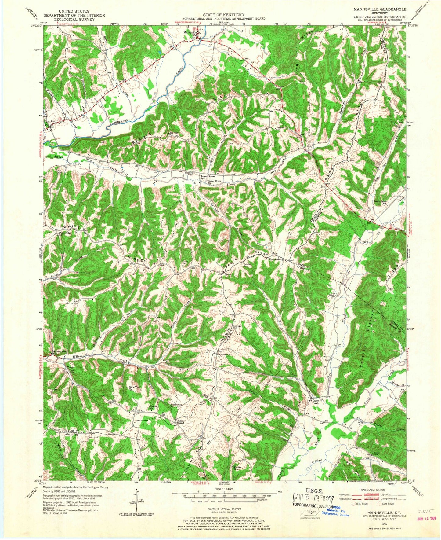 Classic USGS Mannsville Kentucky 7.5'x7.5' Topo Map Image