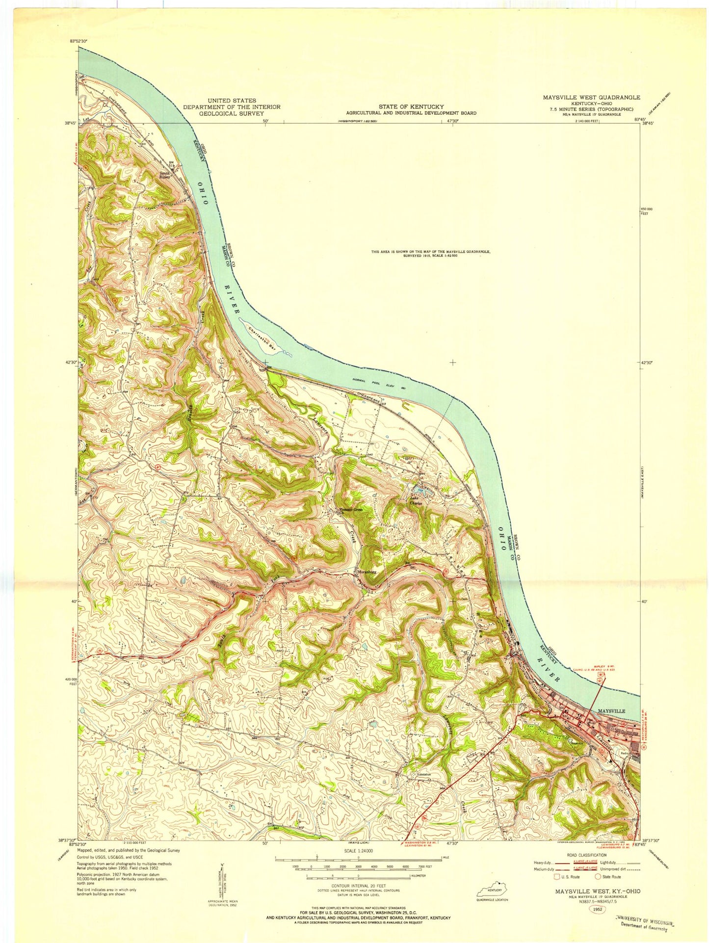 Classic USGS Maysville West Kentucky 7.5'x7.5' Topo Map Image