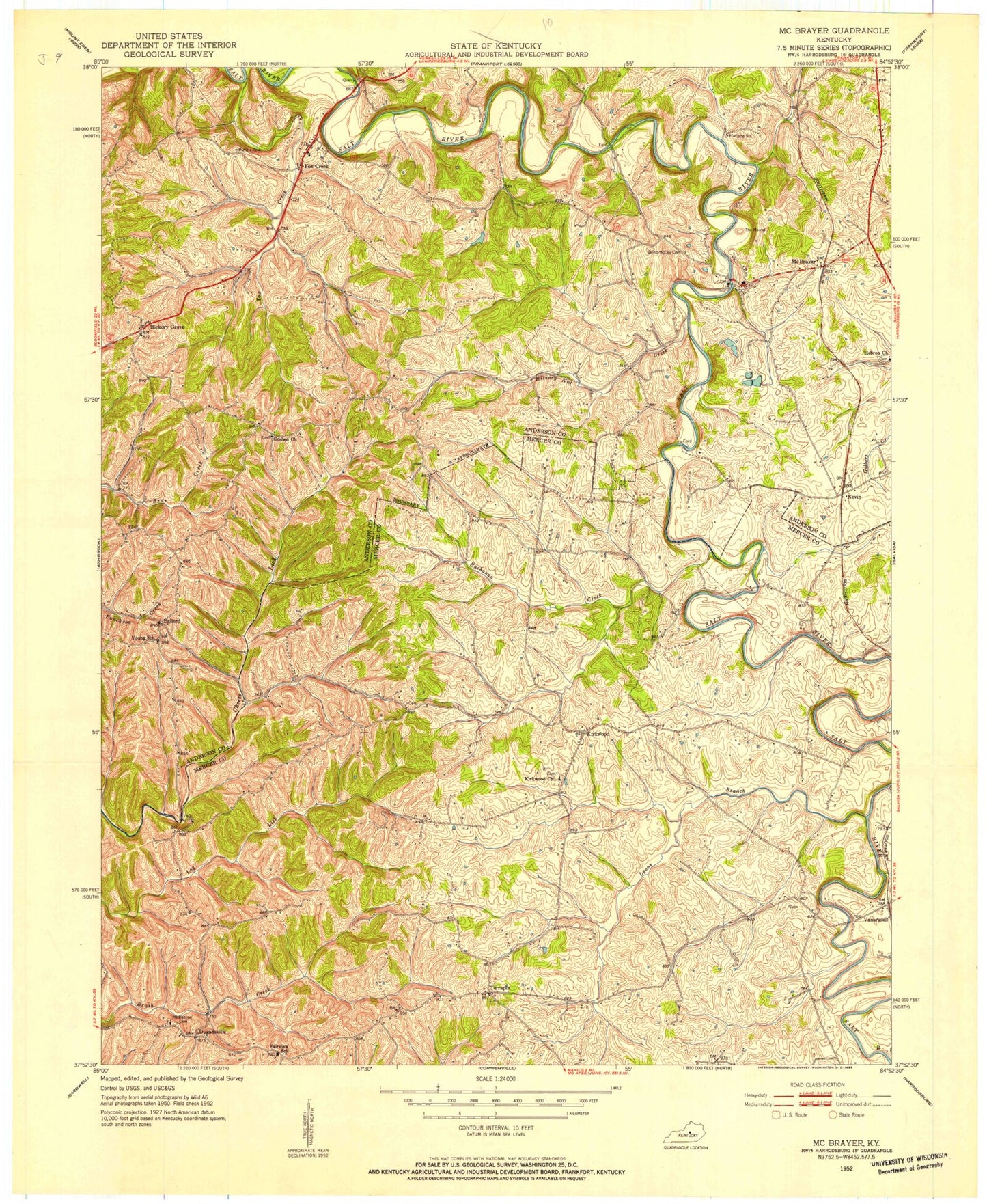 Classic USGS McBrayer Kentucky 7.5'x7.5' Topo Map Image