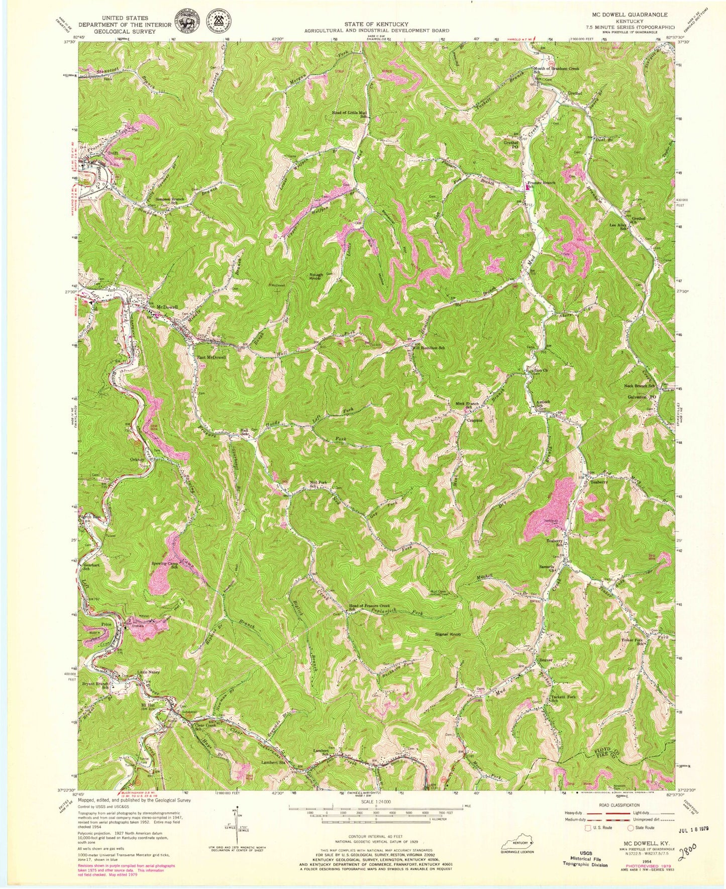 Classic USGS McDowell Kentucky 7.5'x7.5' Topo Map Image
