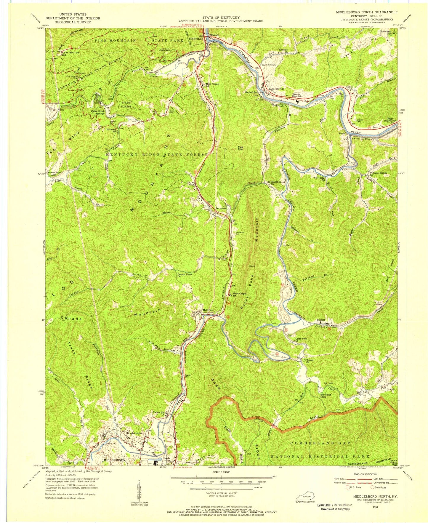 Classic USGS Middlesboro North Kentucky 7.5'x7.5' Topo Map Image