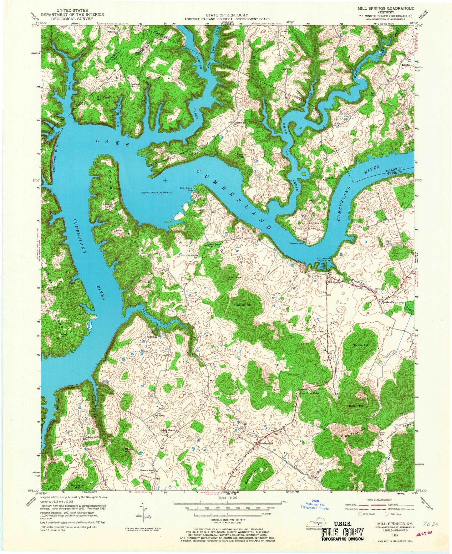 Classic USGS Mill Springs Kentucky 7.5'x7.5' Topo Map Image