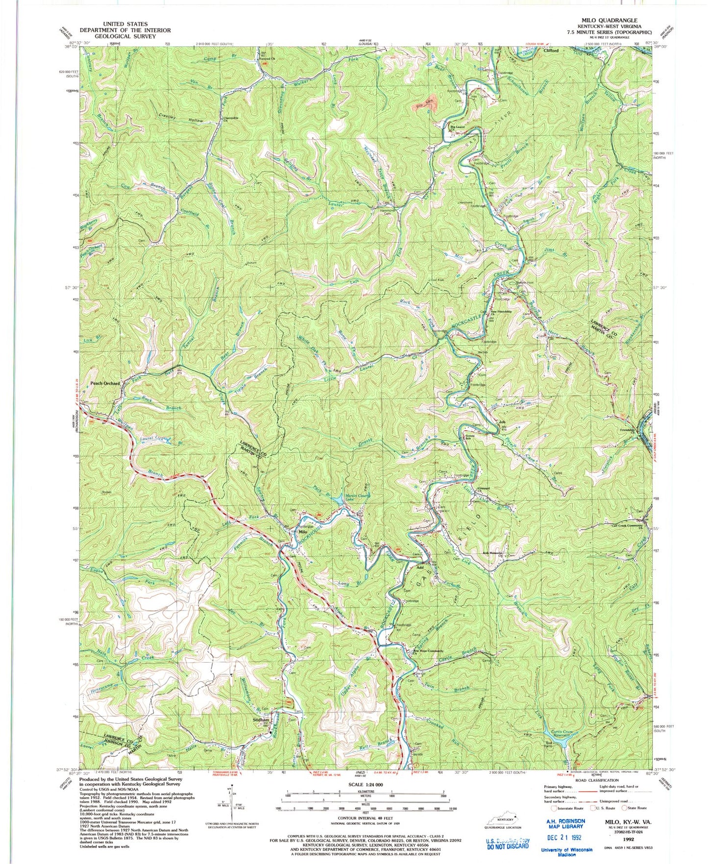 Classic USGS Milo Kentucky 7.5'x7.5' Topo Map Image