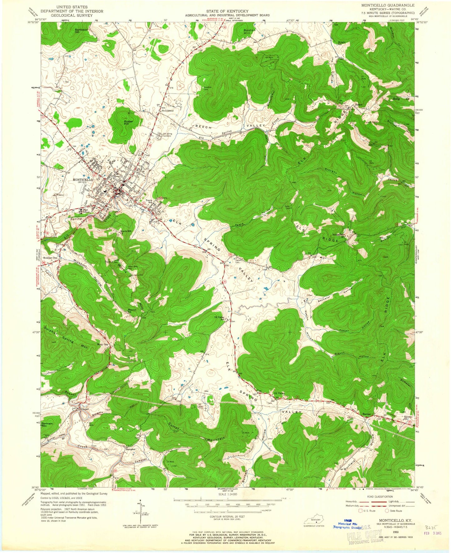 Classic USGS Monticello Kentucky 7.5'x7.5' Topo Map Image